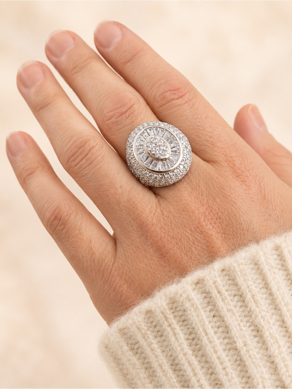 Simulated Diamond Baguette Cocktail Ring Pavé Cluster Silver Tone Statement
